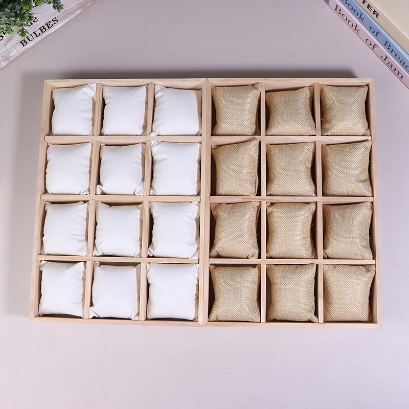 Drewniany 12-miejscowy organizer na zegarki, biżuterię i bransoletki z wyjmowanymi poduszkami flanelowymi