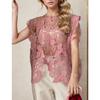 2024 New Women T-Shirt Dimanaf Lace Knitting Vest O-Neck Hollow Summer Style Loose Basic Tops Pink Tees