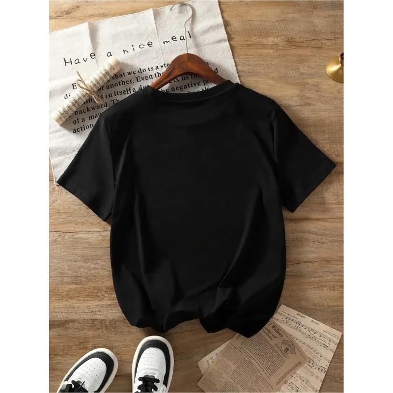 European Size Women's Plus Size Short Sleeve T-Shirt - Single Rose & Geometric Print Round Neck Casual Blouse -Spring Summer Casual Attire