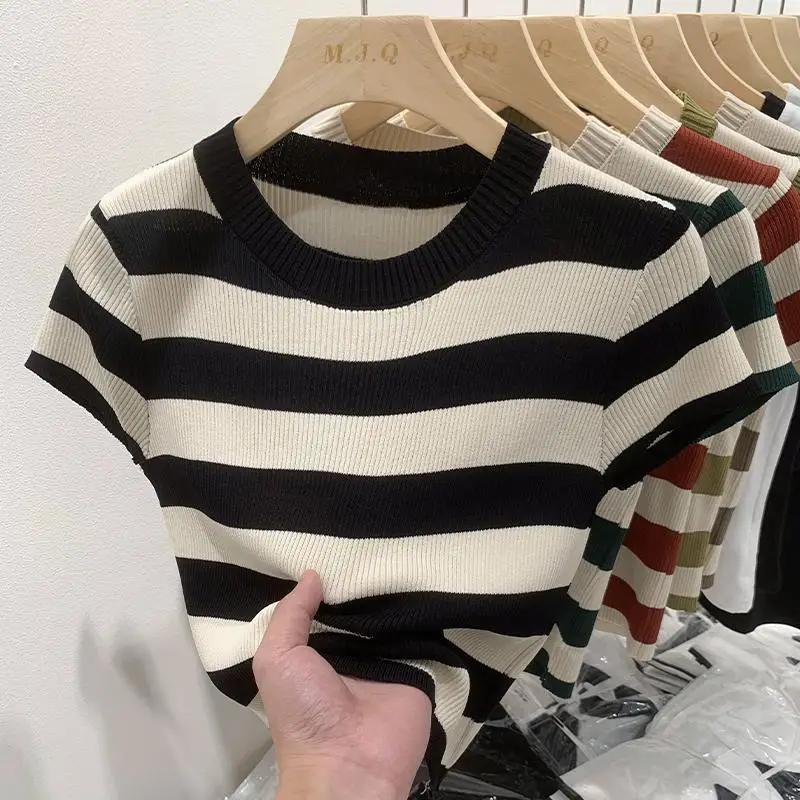 Fashion Women Short Striped Bottoming T-shirt Summer New Casual Short Sleeve Knitted Tops
