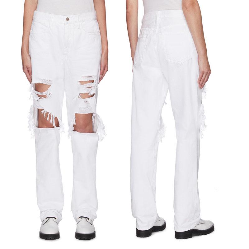 

White Cropped Straight-Leg Cotton Jeans, Personalized with Holes - Clearance, No Returns/Exchanges. 30 (In Stock)