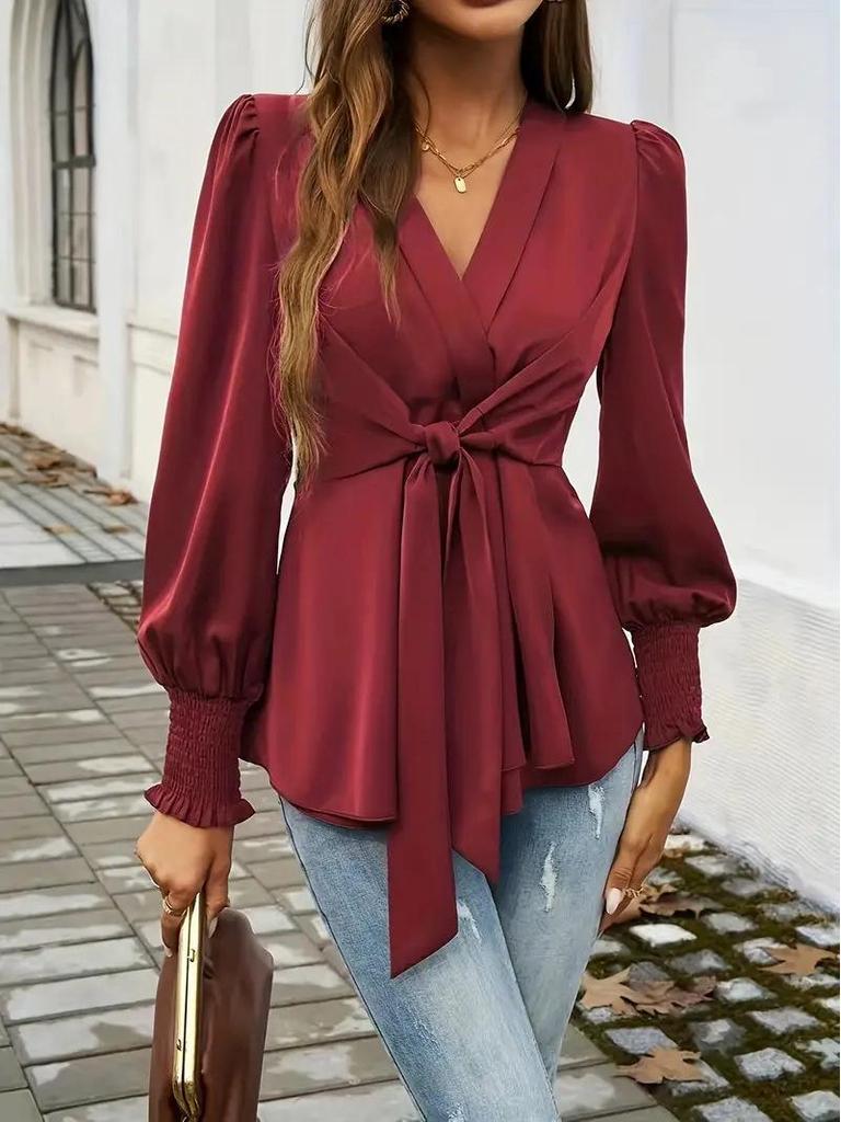 2026 Autumn Elegant V-Neck Lace-Up Waist-Cinching Solid Color Women's Shirt