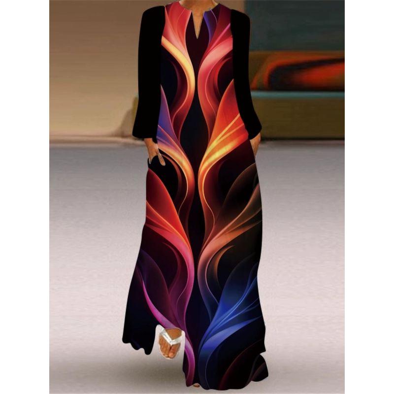 Long Sleeve Dress New Fashion Women's Clothing 3D Colorful Printing Stage Show Travel Photo Pocket V Neck Dress