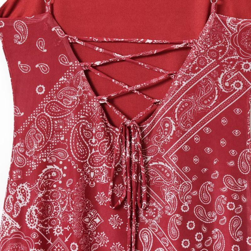 Kaslead New Women Clothes Western Style Geometric Pattern Print Split Waist Hugging Back Strap Dress