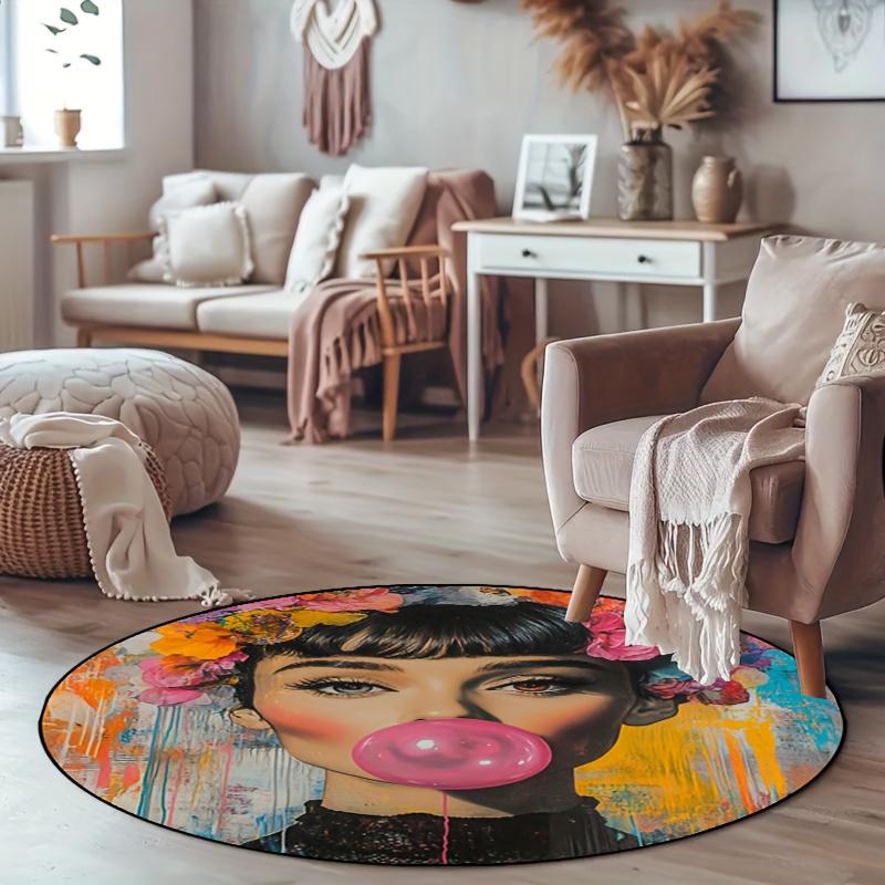 1pc Vibrant Pop Art Polyester Round Mat - Non-Slip, Machine Washable, Thick Felt Mat for Living Room, Bedroom, Hallway, Patio, Garden
