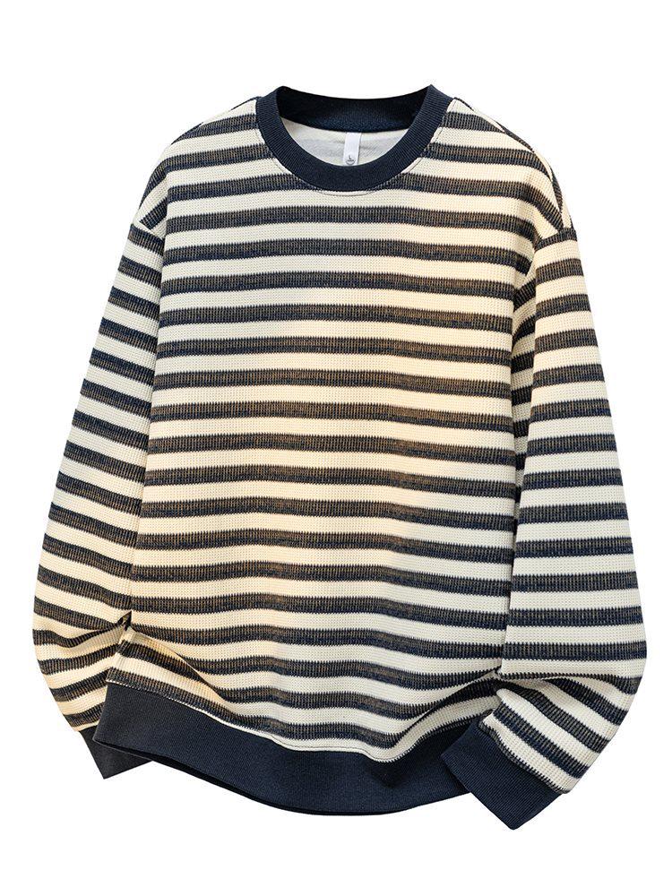 2026 Trendy American High Street Striped Knit Hoodie - Spring/Autumn Casual Loose Fit Round Neck Long Sleeve M