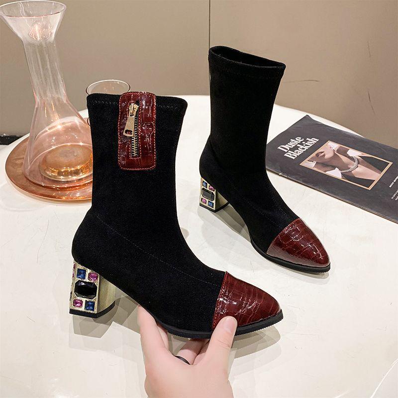 Pointed zipper boots short boots women's 2025 spring and summer new rhinestone thin women's boots thick heel high heel short boots fashion