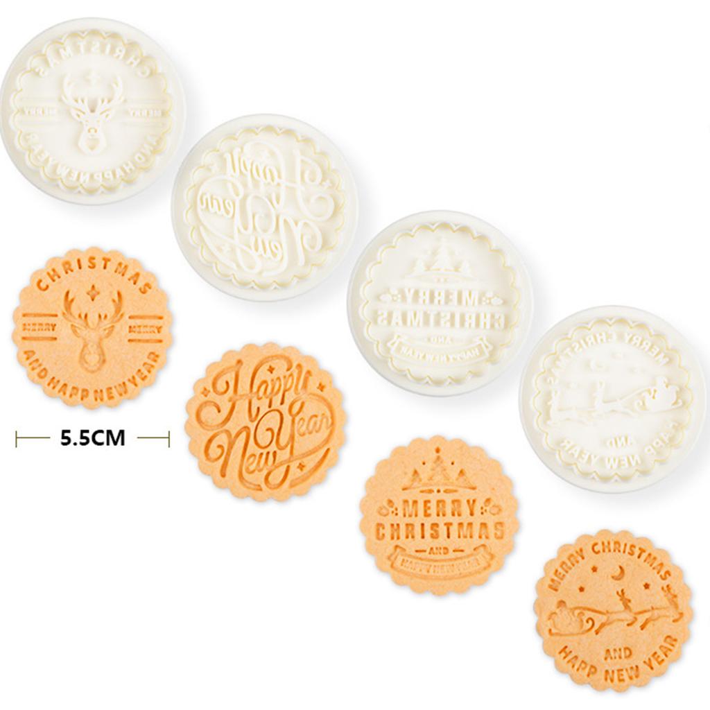 4 Pcs Round Christmas Biscuits Mold Cookie Stamps Set Fondant Biscuits Pastry Cookie Cutters for DIY Cake Baking