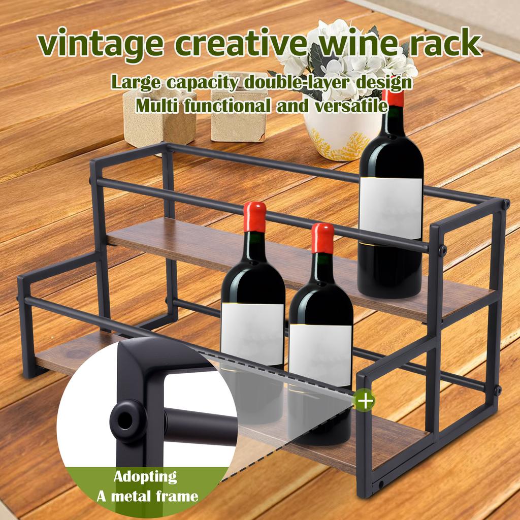 2 Tiers Coffee Syrup Bottle Stand Wine Rack Wood Vintage Kitchen Living Room Bar Syrup Wine Display Shelf