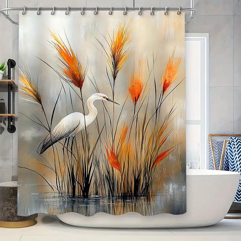 Artistic White Egret and Orange Reeds Waterproof Shower Curtain Heat Resistant Machine Washable Non-Transparent 180x180cm