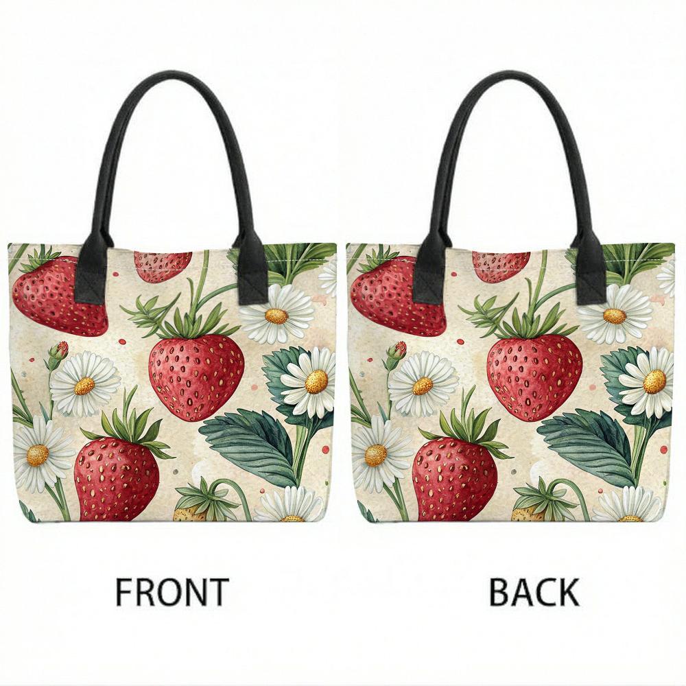 Strawberry Daisy Print Tote Bag Casual Large Capacity Daily Shopping Shoulder Bag for Women