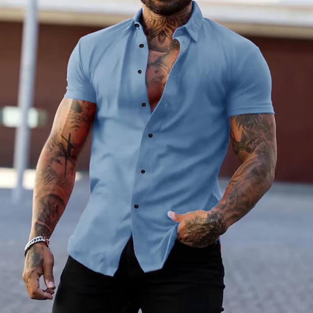 Camicia Casual da Uomo Semplice Estiva a Maniche Corte Colore Unico Giovanile Trendy Sportiva Stile Sottile