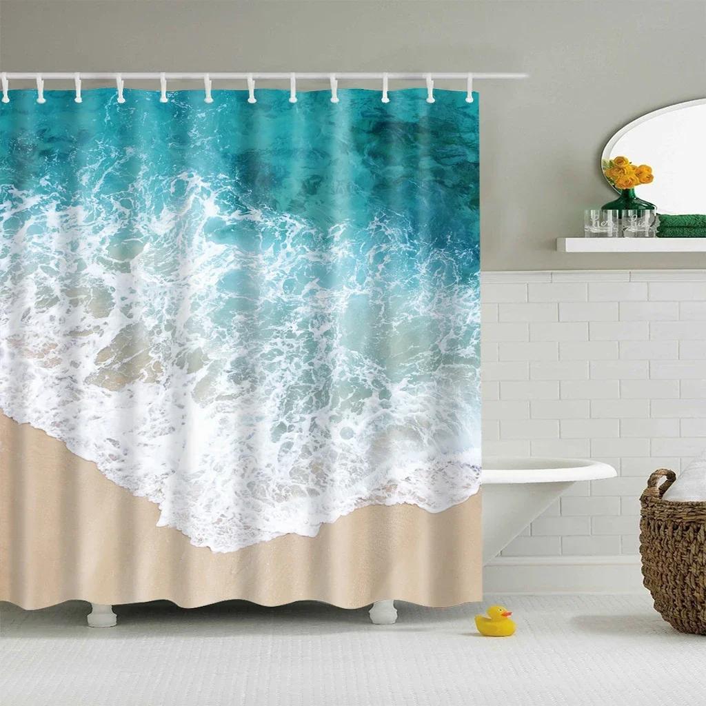 Blue Sky Beach Shower Curtain Modern Scenery Print Bathroom 3D Blackout Curtain Large 180x200cm for Bathroom