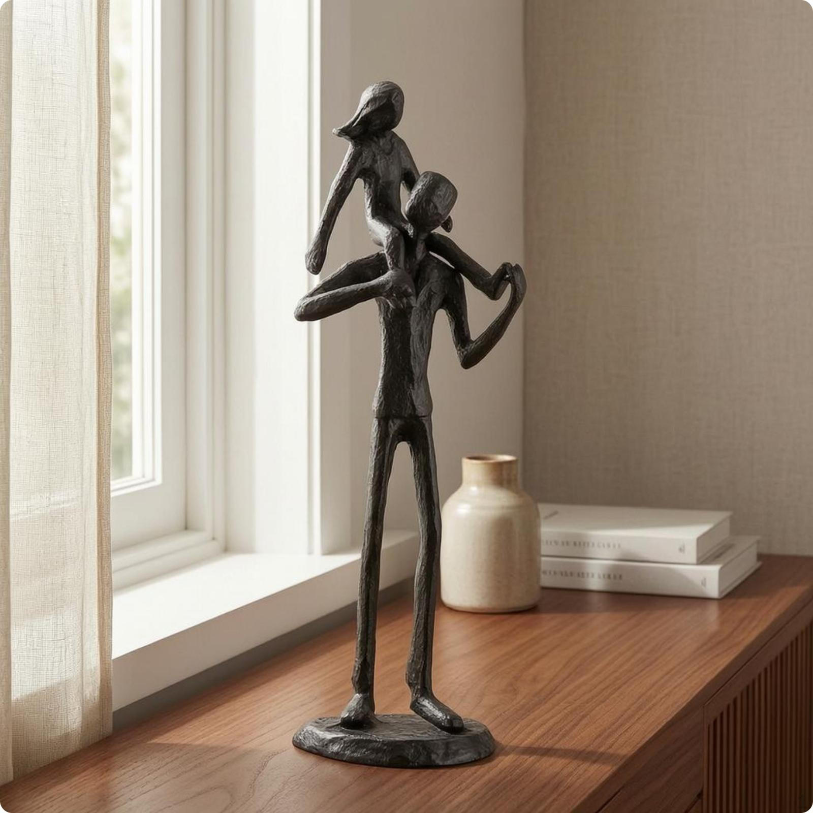 Abstract Family Sculpture Textured Surface Black Metal Figurine Elongated Cast Ornament Father