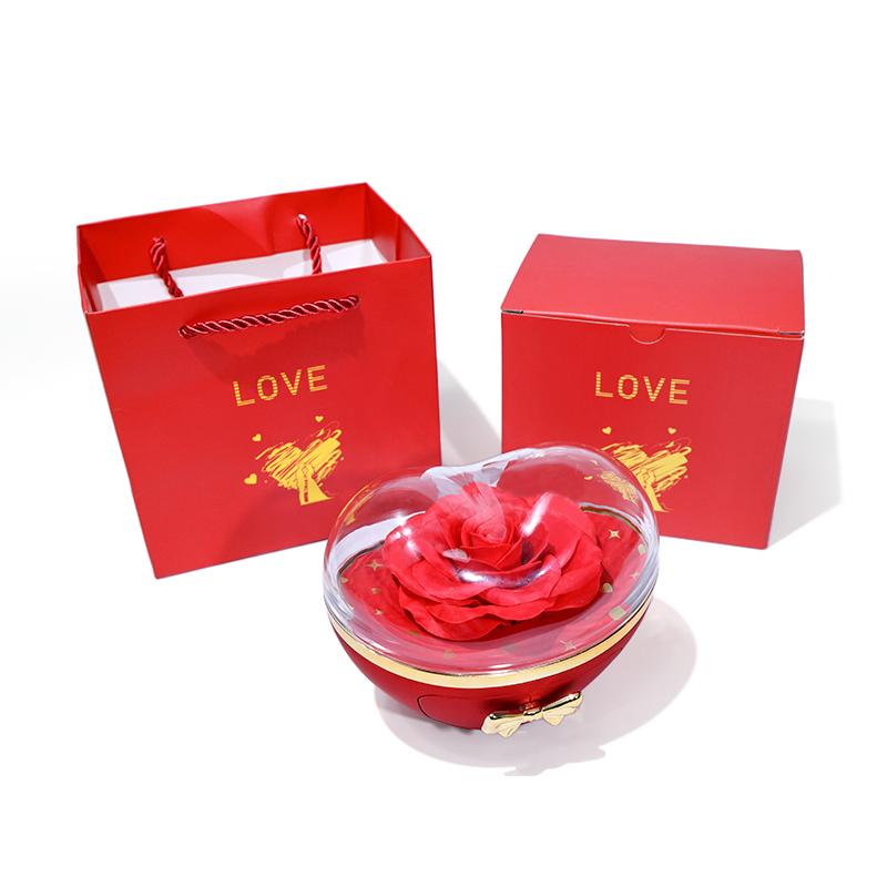 Heart Shaped Preserved Rose Jewelry Box with Drawer for Jewelry Packaging Grade A Eternal Flower Gift Box Set with Bag Plastic&Velvet