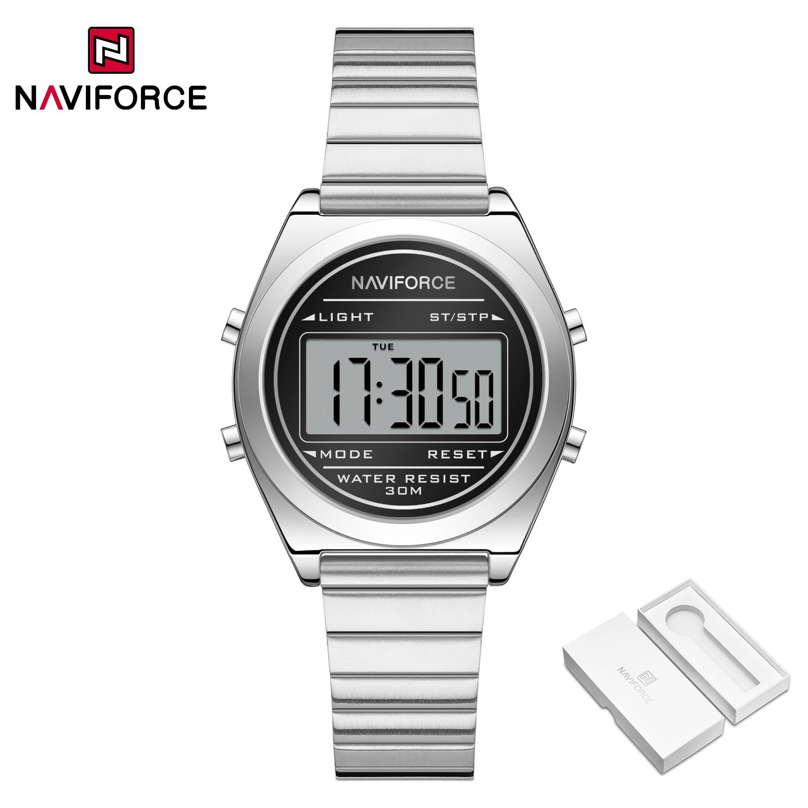 

NAVIFORCE Original Women Digital Watch Stainless Steel Strap Waterproof Calendar Chronograph Night Pattern Lady Girl Casual Fashion Watch NF5066 чёрный/серебряный