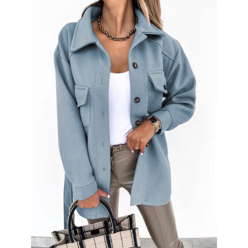 Herbst und Winter Revers Einreihig Verdickt Einfarbig Hemd Wolle Lose Mantel Frauen