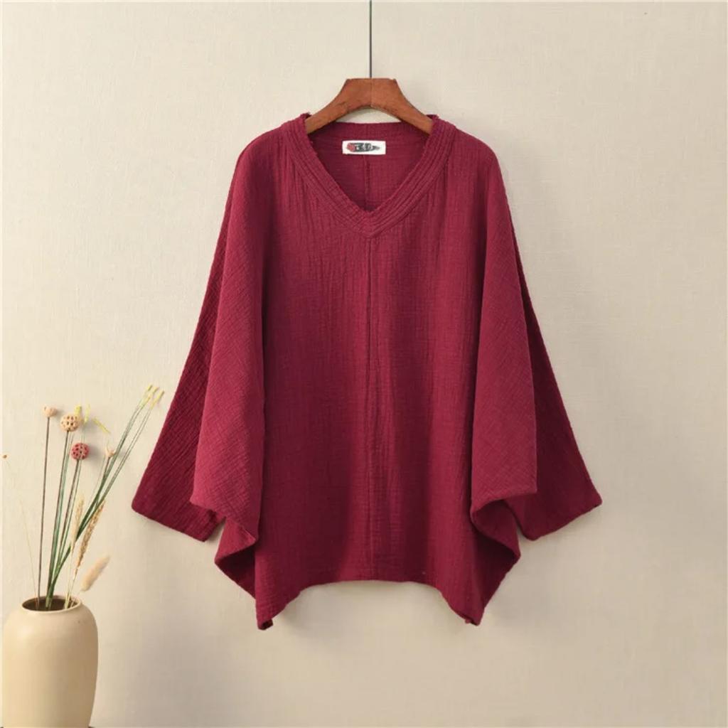 Bat Sleeve T-Shirts Vintage Women Cotton Linen V-Neck Solid Color Women Cloths Casual T-Shirts