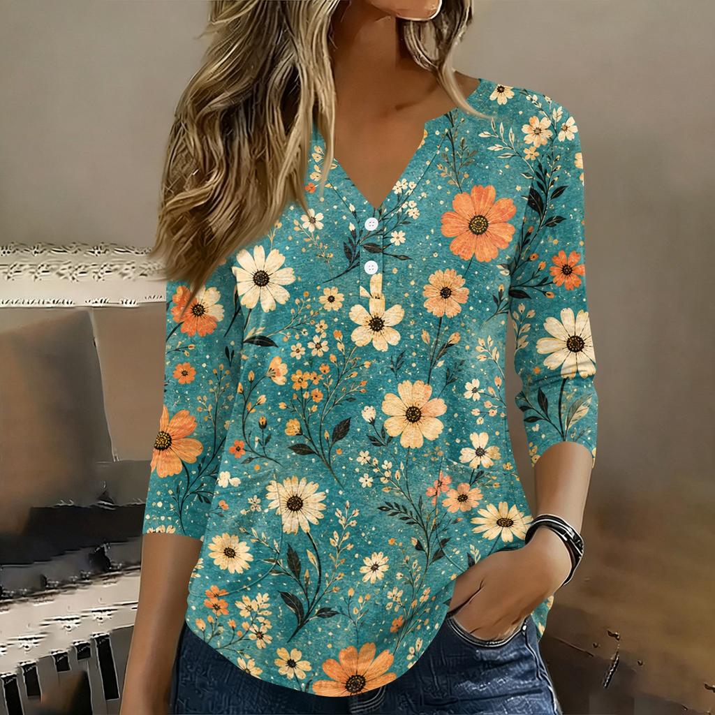 Women 3/4 Sleeve V Neck Henley Floral Print Pullover Casual T Shirt Top Lightweight Soft Fabric Comfortable Fit