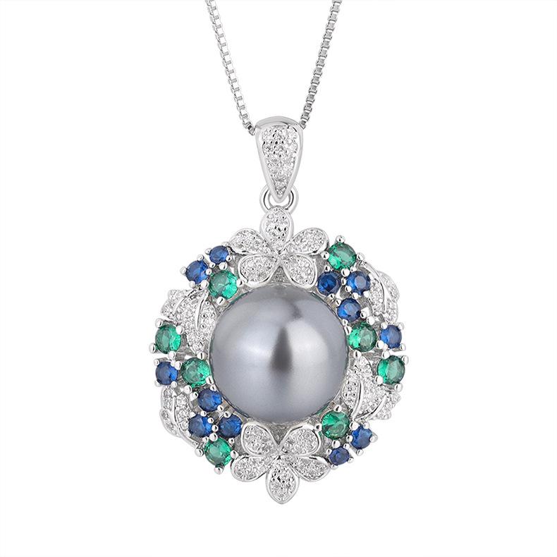 Platinum Grey Pearl Ring Tahiti Deep Sea Emerald Zircon Flower Necklace Earnail Set Jewelry Women