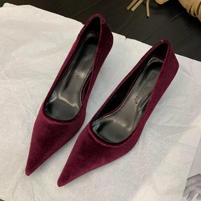 Women Low Heel Pointed Toe Pumps Velvet Slip-on Cozy Ladies Heeled Shoe Stiletto 5cm Wine Red 2024 Summer High Heels Shoes New