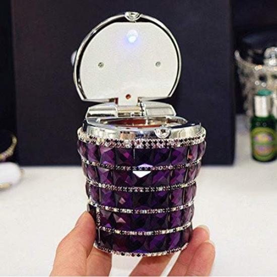 Car Ashtray Diamond Bling Car Ashtray with Blue LED Light Smokeless Stand Cylinder Cup Holder (Dark Purple)