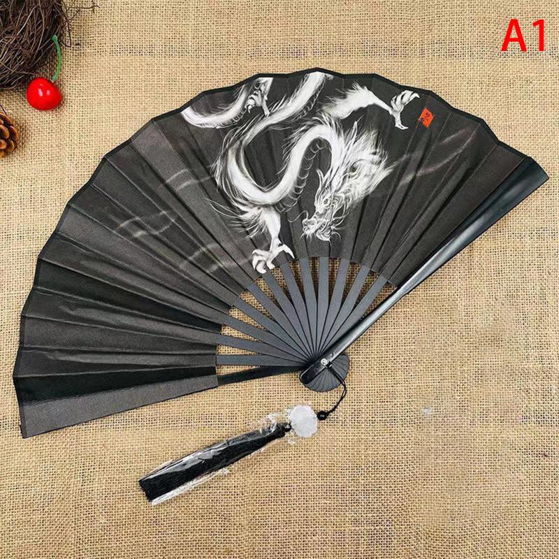 Ventilator pliabil în stil chinezesc, evantai de cârpă de dans clasic, din plastic, de epocă, cu imprimare cu dragon, evantai de mână, recuzită foto, cosplay