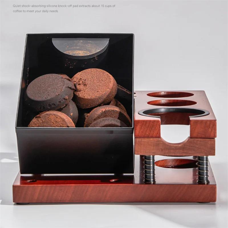 51-58mm Wooden Coffee Tamper Station Spring Tamper Holder Coffee Knock Box Distributor, Portafilter & Puck Screen Organizer Box
