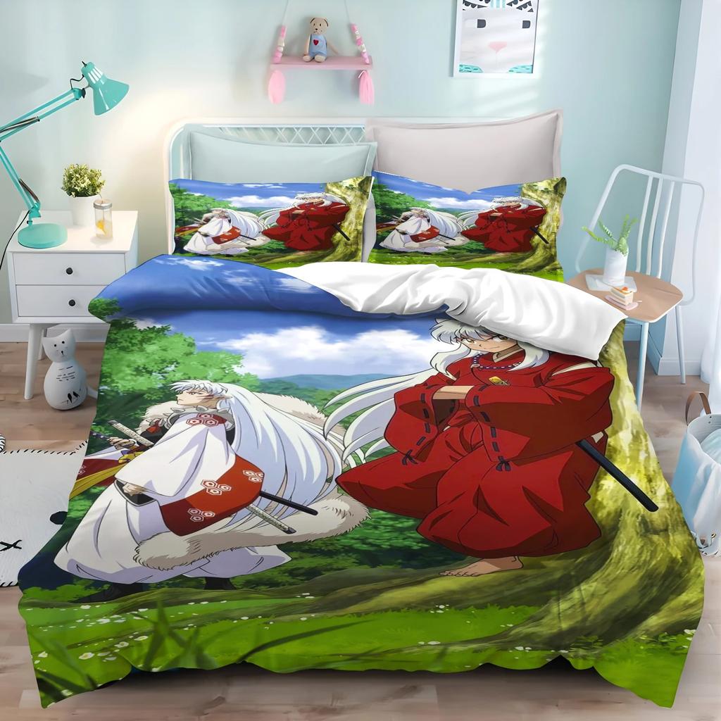Cartoon Japanese Anime Inuyasha Duvet Cover Set Kawaii Quilt Cover Pillowcase Kids Bedding Set Gifts Suitable for Boys and Girls