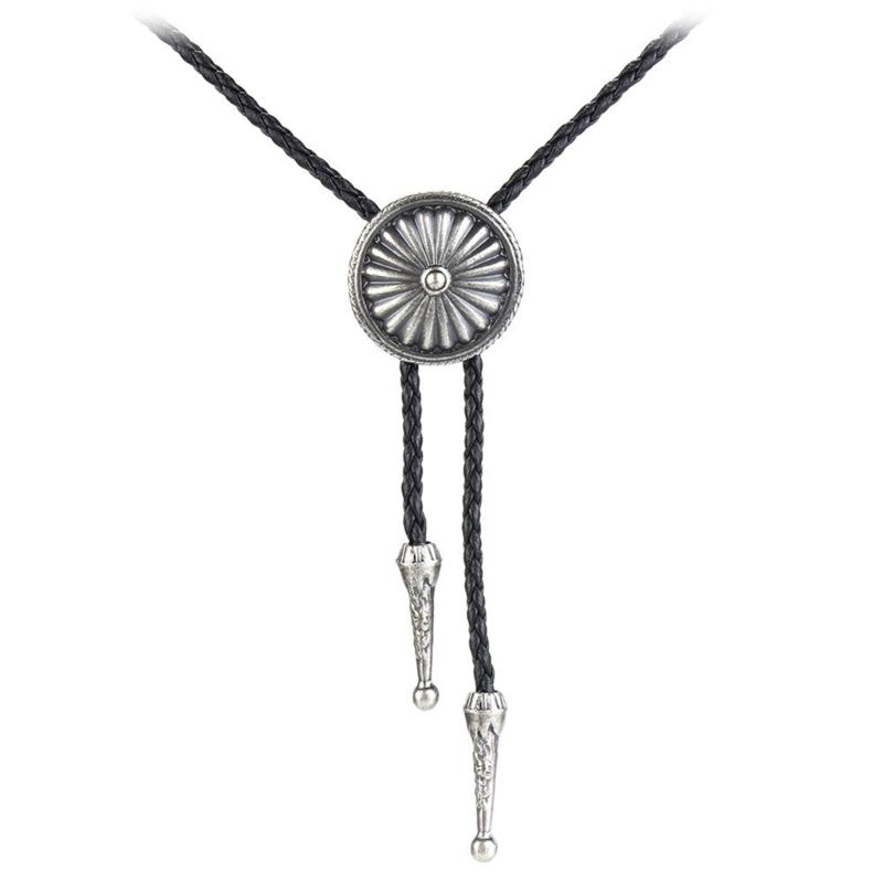 

Mens Bolo Tie Necktie Faux Leather Braided Rope Necklace with Metal Round Flower Pendant Jewelry Cowboy Hat Accessories античний срібного кольору
