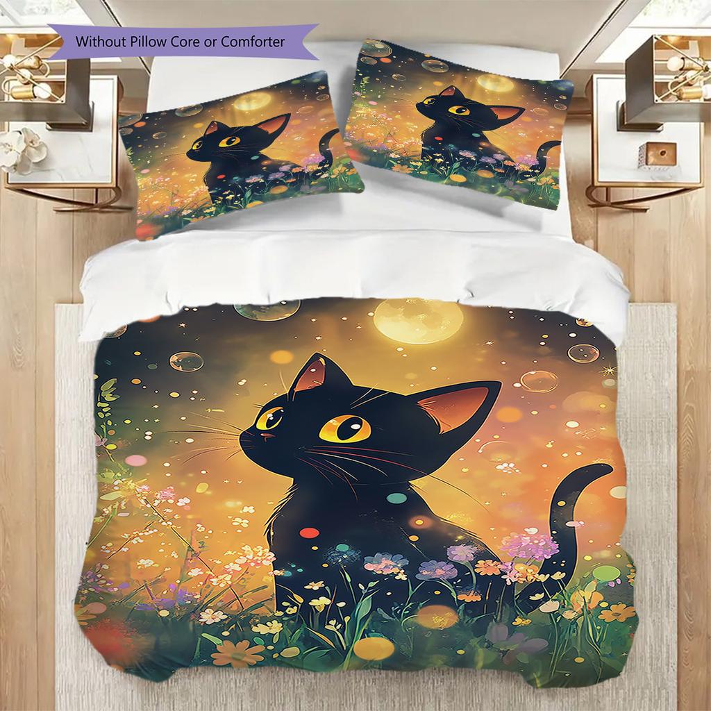 Black Cat Pattern Bedding Quilt Set Quilt Cover Pillowcase Home Decoration Birthday Gift (1 * Duvet Cover + 2 * Pillowcase, Without Core)
