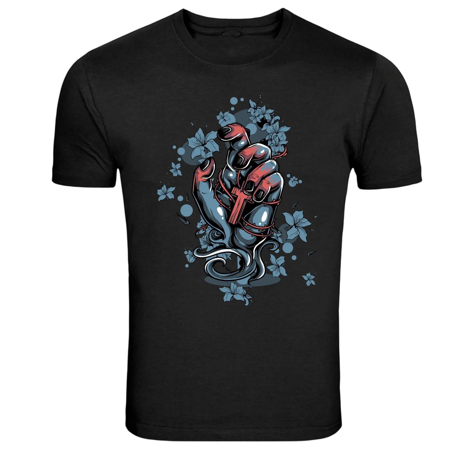Dark Gothic Hand Holding Cross Tattoo Style T-Shirt M