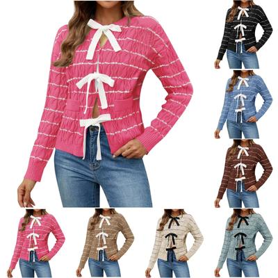 Women's Fashion Tie Long Sleeved Loose Casual Versatile Striped Sweater Jacket Sweater