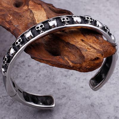 Heavy Mens Stainless Steel Biker Skull Cuff Open Bangle Bracelet for Men 64MM Birthday Gifts for Father Son Teen Gothic Jewelry