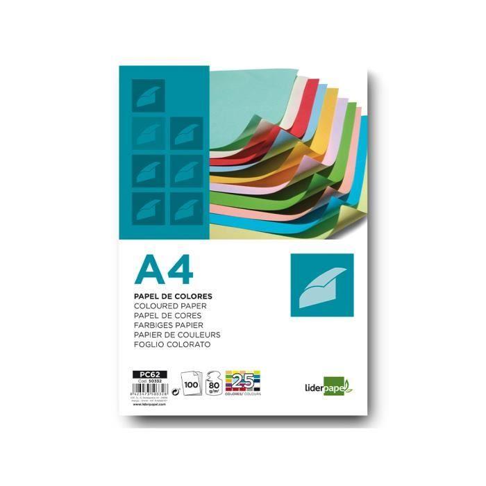 Papier couleur liderpapel multifonction a4 80g/m2 assortiment 25 couleurs paquet 100 feuilles