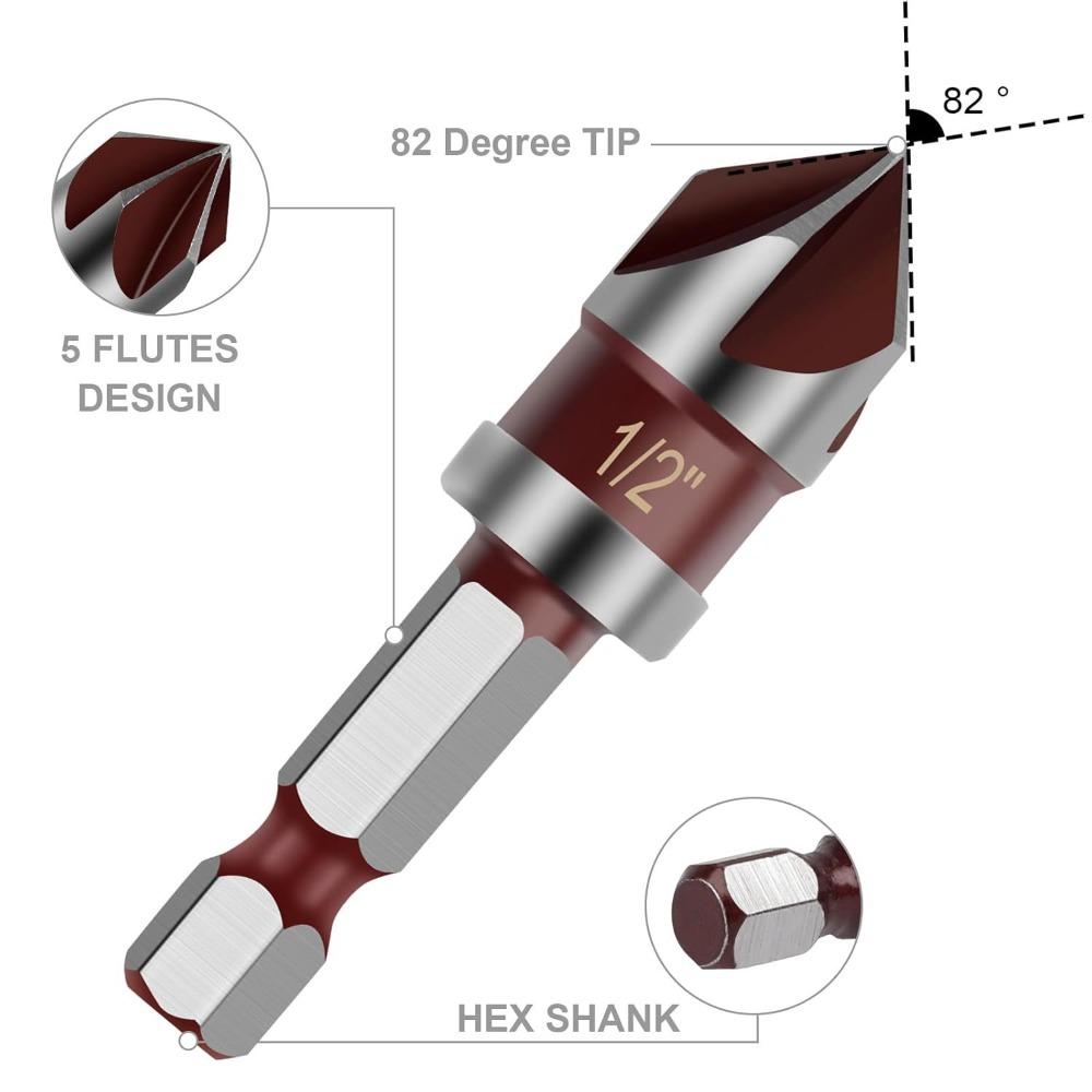 5PCS 1/4 3/8 1/2 5/8 3/4inch Countersunk Bits Multi-Size Deburring Bit Countersink Bits  Plastic