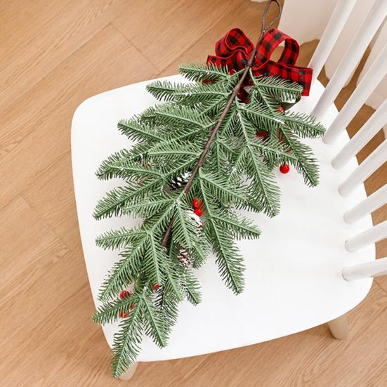 Christmas Teardrop Swag Wreath Artificial Pine Branch Teardrop Swag with Pine Cone Red Berry And Plaid Bow for Winter Front Door Wall Staircase