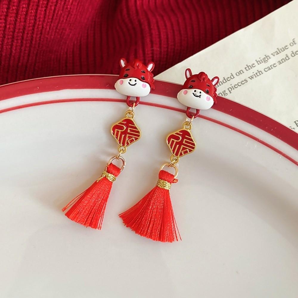 Cartoon Horse Red Pony Earrings Flocking Horse Mascot Drop Earrings New Year Horse Earrings  Girls