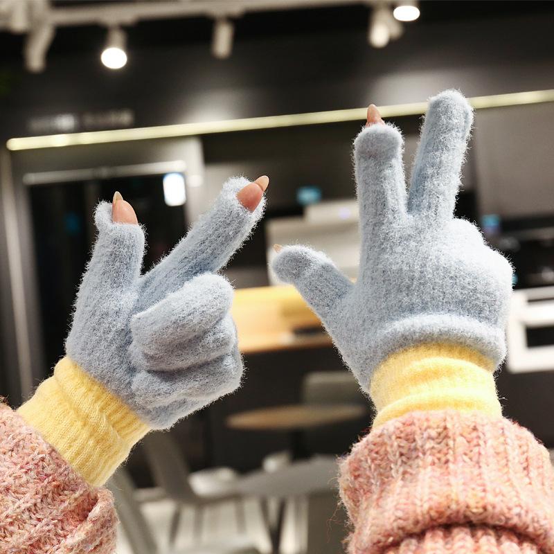Blue knitted plush gloves for women's winter 2025 new plush warm riding thickened and cold-proof