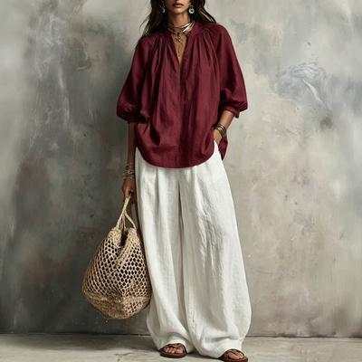Women Solid Color V Neck Puff Sleeve Blouse and Wide Leg Pants Set Casual Bohemian Loungewear Two Piece Outfit Multi Color