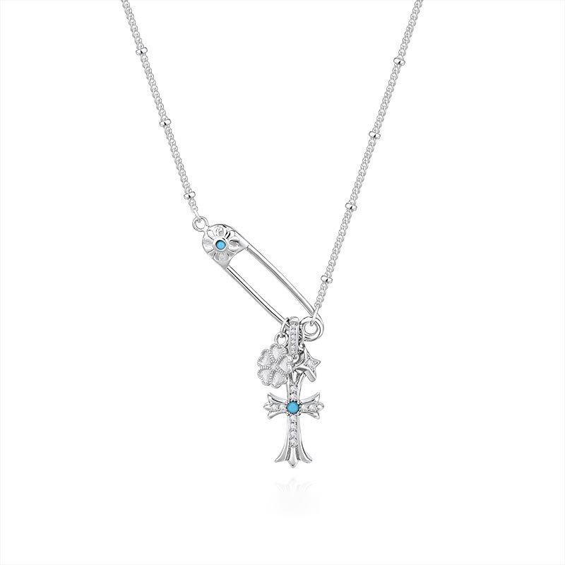 

Rhodium-Plated Couple Necklace with Imitation Turquoise Cross Pendant, European and American Clavicle Chain Fashion