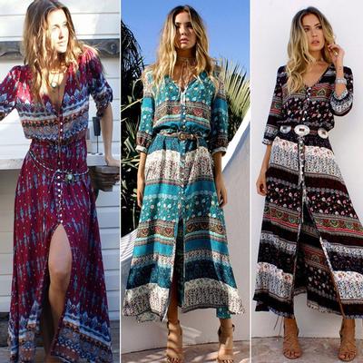 Women Floral Print Bohemian Printing Long Dress Retro Hippie Chic Clothing Boho Dress
