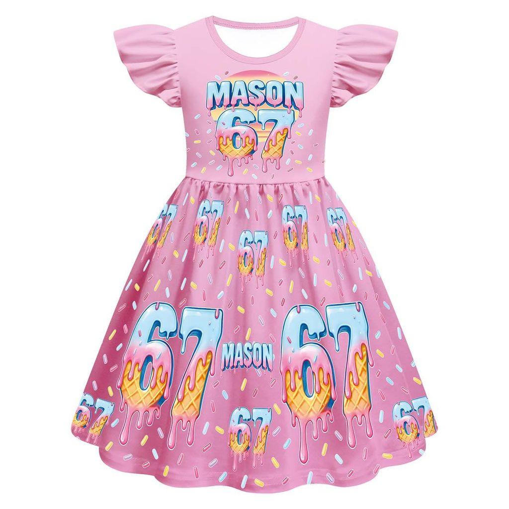 82887 Kids Girls Steal a Brainrot 67 Print Ruffle Sleeveless Princess Dress