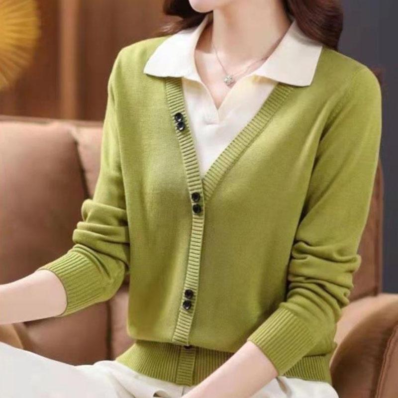 Pulover european 2023 de primăvară pentru femei Design Sense cu mânecă lungă, buton de îmbinare, pulover fals din două piese, pulover tricotat pentru femeie