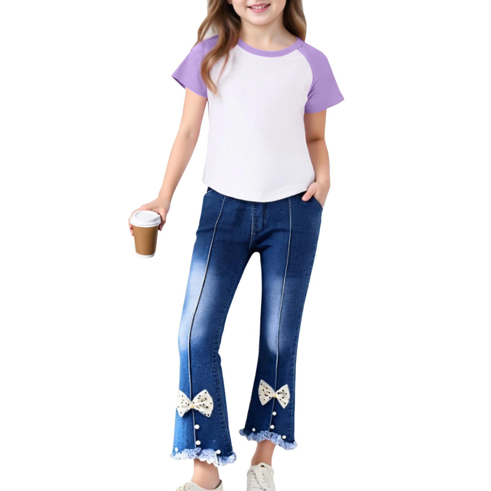 

Комплект регланов для девочек - Футболка с коротким рукавом и джинсовый наряд 160 фиолетовый