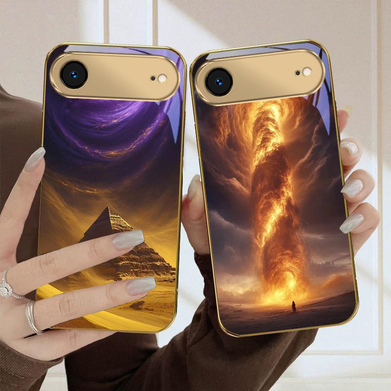 Пылающий туманный вихрь Для iPhone Air 16E 15 PRO 14 13 Plus 12 mini 11 17 Pro Max XR 16 17ProMax 17Pro Золотой стеклянный чехол для телефона