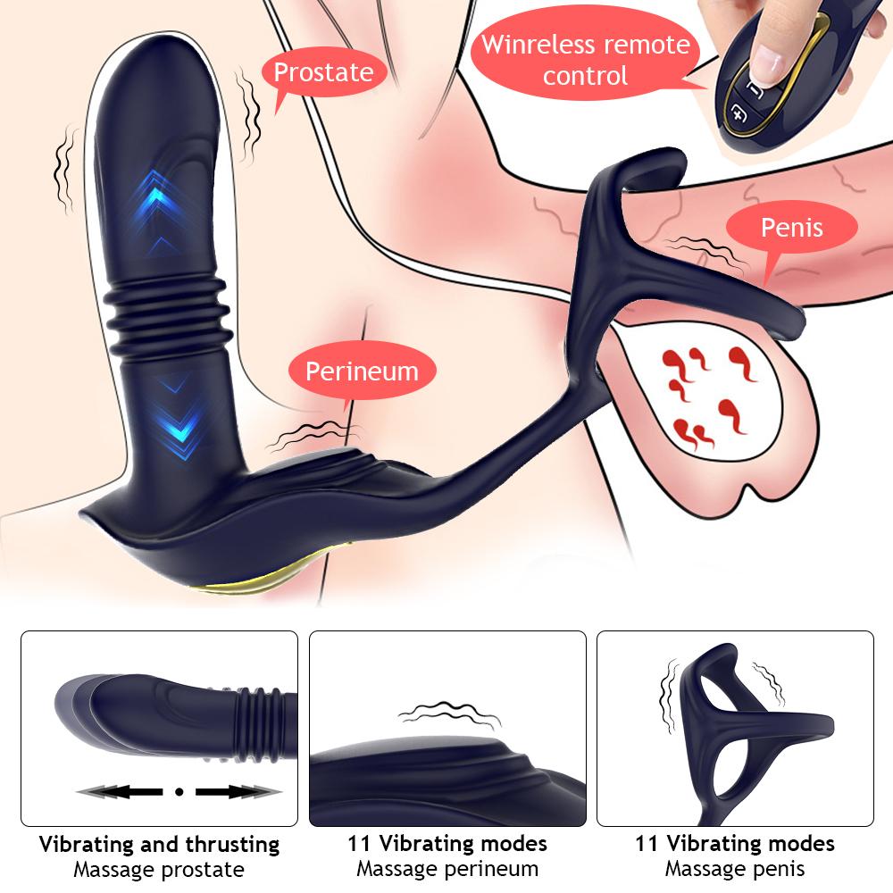 Wireless Anal Vibrator Cock Ring Delay Ejaculation Testicle Stimulator Thrusting Vibrating Prostate Massager Sex Toy for Couples