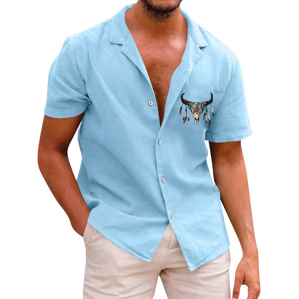 Bohemian Men's Casual Printed Short Sleeved Single Breasted Lapel Shirt