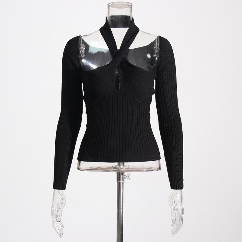 

Летний тренд 2025 года: Off-Shoulder Halter Knitted T-Shirt for Women One size чёрный