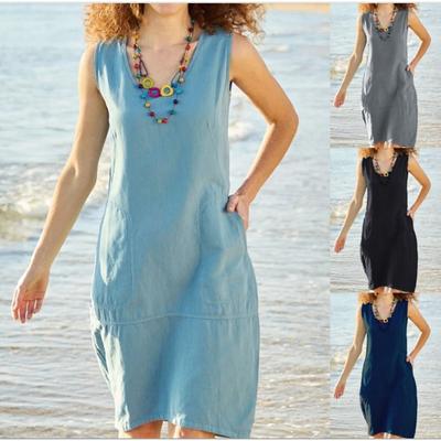 Womens Dress Clean Color Short-sleeved Cotton Linen U-neck Sleeveless Pocket Skirt